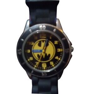 Accutime Batman Watch, DC Comics, Silver Tone Black Bezel, Black Rubber Band